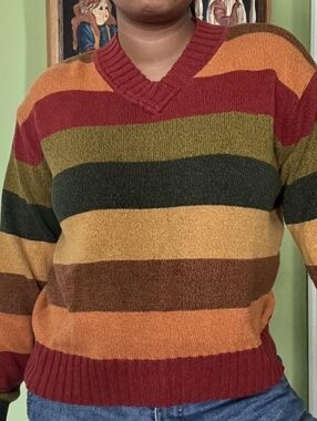 Vintage earth tone striped Fall Granny knit sweater